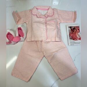 Doll Clothes 18” Doll Pink Striped Pajama Set With Bunny Slippers